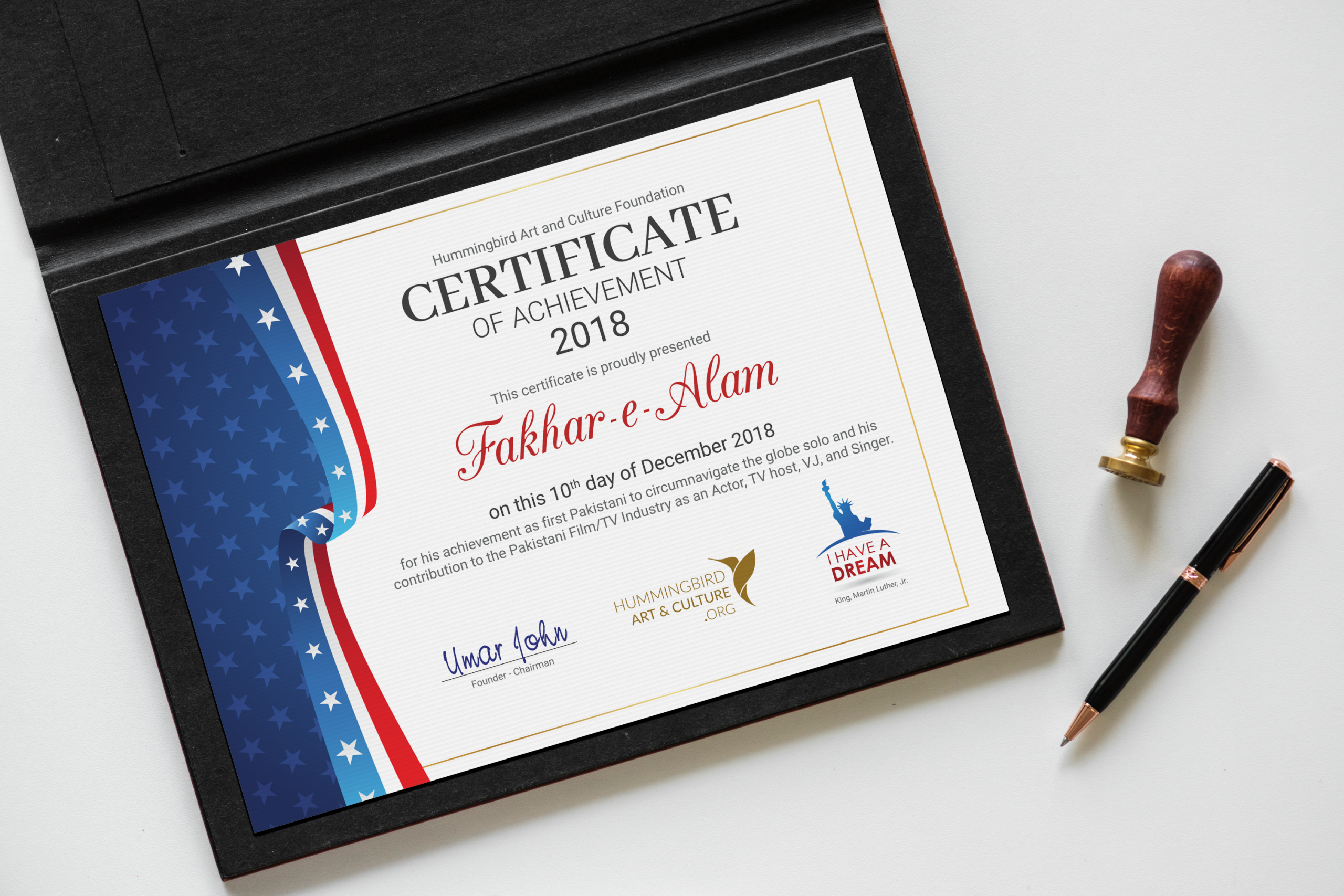 Certificate presented to Fakhar-e-Alam