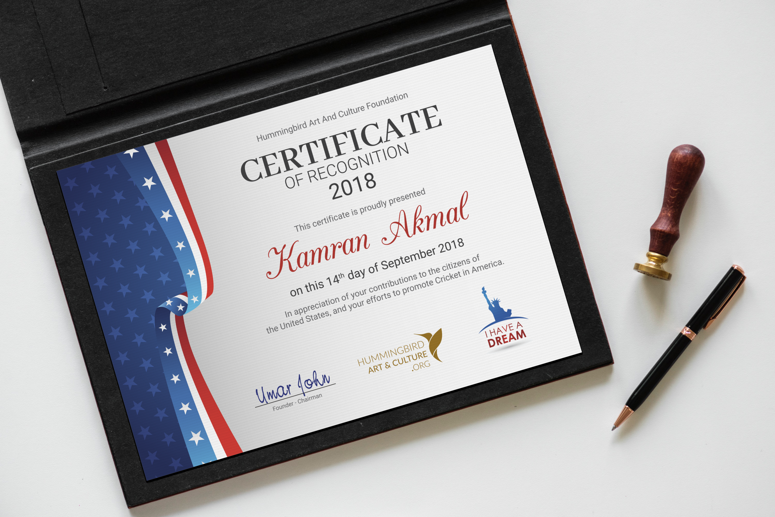 Certificate presented to Kamran Akmal