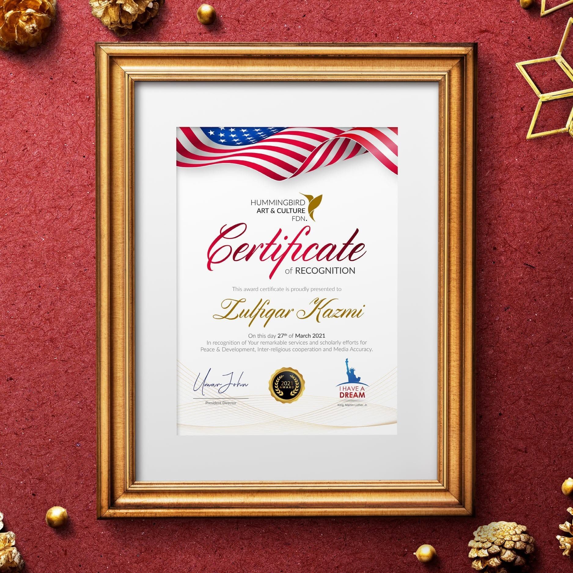 Certificate of Recognition presented to Zulfiqar Kazmi