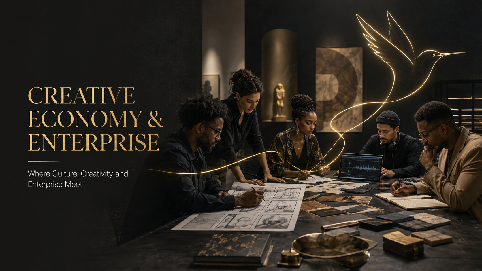 Artists and entrepreneurs working together at a studio table — Creative Economy & Enterprise