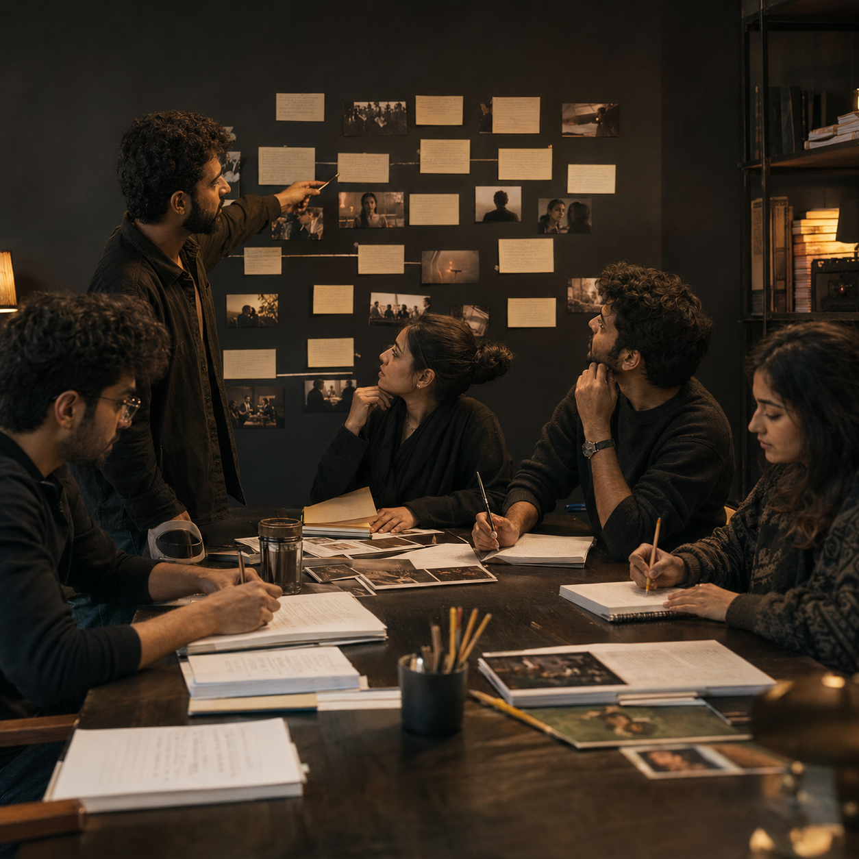 Writers gathered around a table in a screenplay development lab, with a story wall of index cards and stills behind them