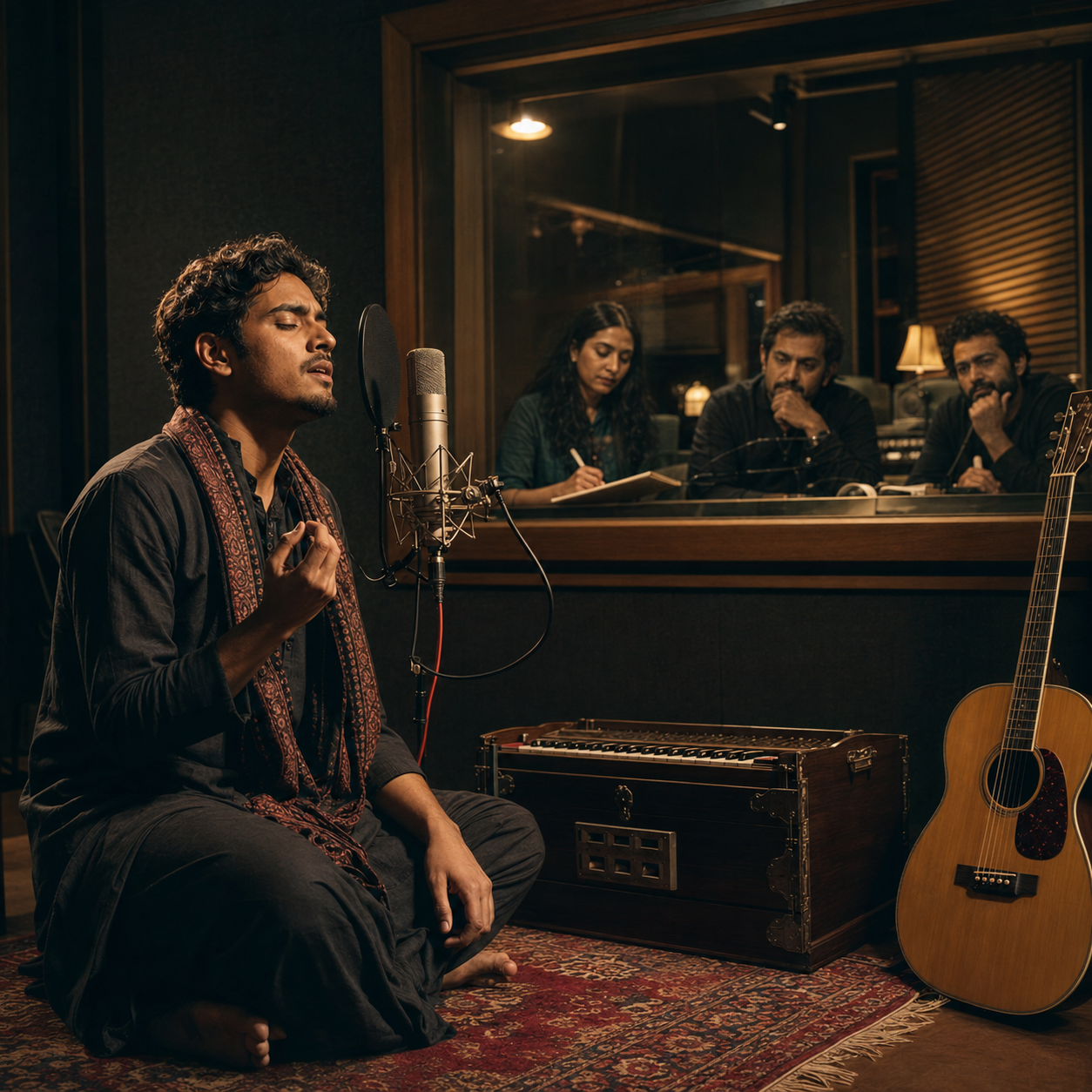 An emerging South Asian singer recording in a studio