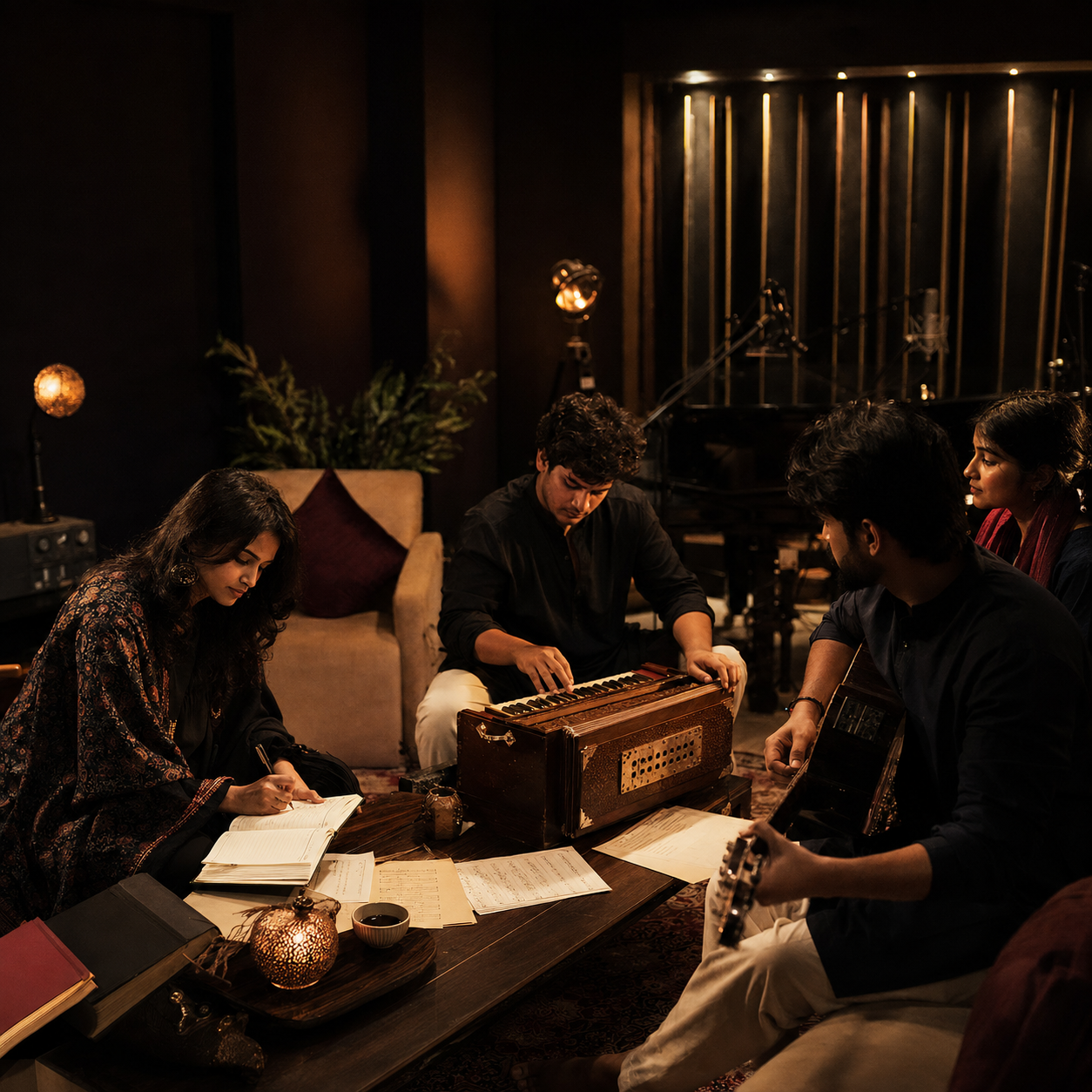 Songwriters and lyricists working together on original material in a songwriting lab
